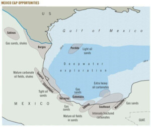 A map of Mexico highlighting areas of exploration and production opportunities in the Gulf of Mexico region. Key offshore areas with gas sands, mature oil fields, light oil sands, extra heavy oil carbonates, and intensely fractured carbonates are marked.