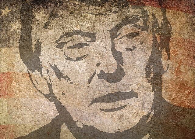 A textured portrait of a man's face, reminiscent of Trump, is depicted with a distressed overlay, blending into an American flag. The image has a rough, aged appearance and includes predominately earthy tones and muted reds, whites, and blues.