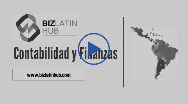 A screen displaying the Biz Latin Hub logo with the words "Contabilidad y Finanzas" underneath. On the left, there is a map of América Latina with various markers. Below the text is the URL "www.bizlatinhub.com.