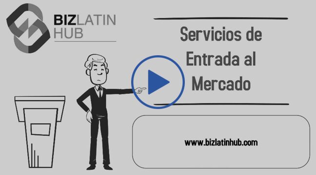 A black and white graphic for Biz Latin Hub features a drawing of a person in business attire pointing to the right. Text reads "Servicios de Entrada al Mercado en América Latina." The website URL www.bizlatinhub.com is displayed at the bottom.