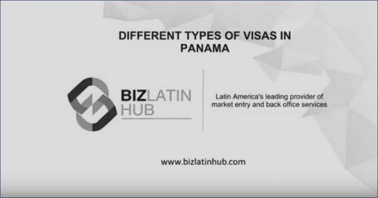 A slide titled "Different Types of Visas in Panama" with the Biz Latin Hub logo. The text states, "Latin America's leading provider of market entry and back office services," encouraging you to apply for a Panama visa. The website www.bizlatinhub.com is at the bottom.