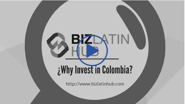 A still image with the Biz Latin Hub logo in the center. Below the logo, text reads "Why Invest in Colombia?" and the URL "https://staging.bizlatinhub.com" is displayed. The image has a gray background and a play button overlay in the middle, inviting you to explore why invest in Colombia.