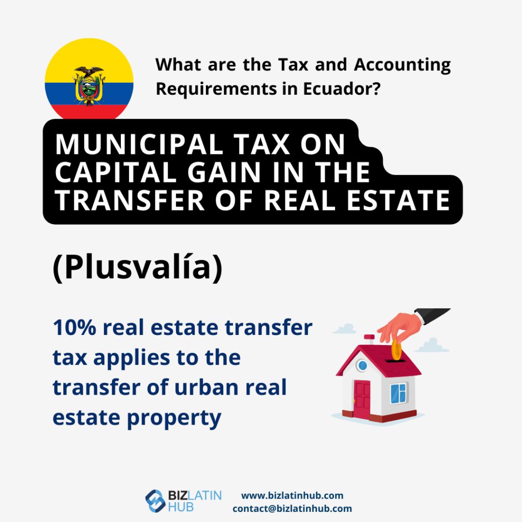 Infographic titled "Municipal Tax on Capital Gain in the Transfer of Real Estate (Plusvalía)" with an Ecuador flag. Describes a 10% real estate transfer tax for urban property. Includes a small house graphic and Biz Latin Hub contact details at the bottom, highlighting tax and accounting requirements in Ecuador.