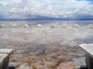 A view of a salt flat with several mounds of salt arranged in a row. The surface is reflective, creating a mirror-like effect. The sky is cloudy, casting a muted light across the barren landscape. In the distance, faint mountains are visible, like a mining lawyer's dreamscape of untouched potential.