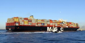 A large container ship with the initials "MSC" on its hull sails on the ocean, loaded with numerous shipping containers, signaling business opportunities due to the Peru-India Free Trade Agreement. A smaller vessel follows nearby, creating waves in the water. The sky is clear, and another ship can be seen in the distance.