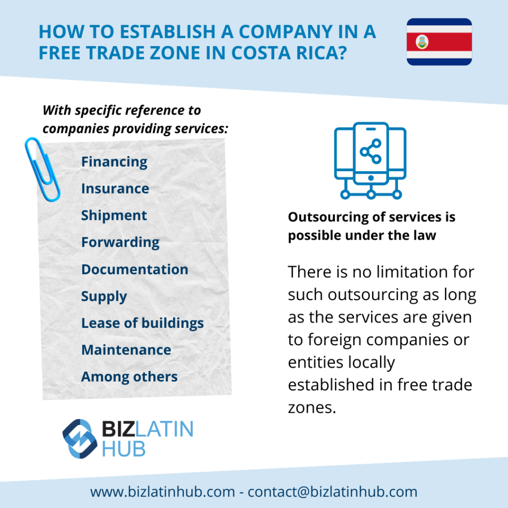 Informational image by BizLatin Hub explaining how to establish a company in a free trade zone in Costa Rica. Services include financing, insurance, shipment, forwarding, documentation, supply, lease of buildings, maintenance, and more. Guidance on opening a corporate bank account in Costa Rica is provided. The Costa Rican flag is present in the top right corner.