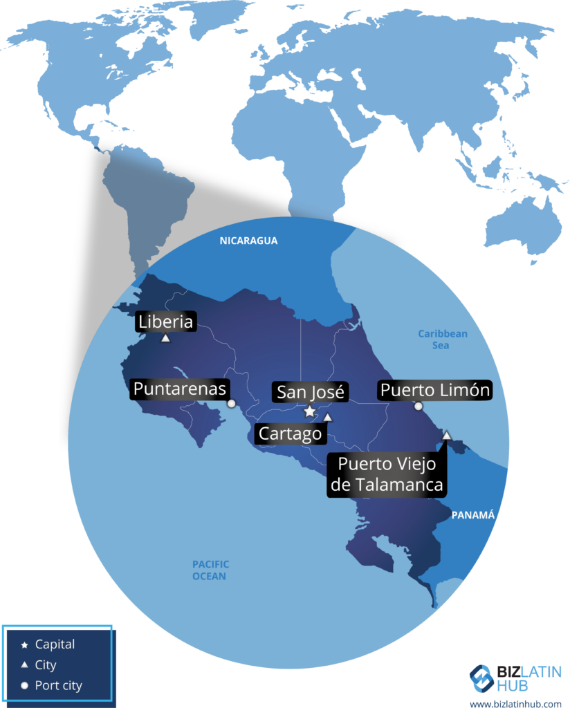 A world map highlighting a close-up of Costa Rica, showing several cities including the capital, San José, as well as Liberia, Puntarenas, Puerto Limón, Cartago, and Puerto Viejo de Talamanca. The map details the locations of capital and port cities essential for business in Costa Rica.