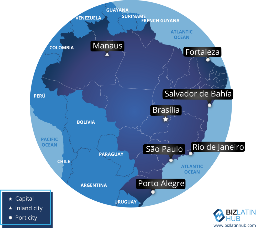 A map of Brazil highlights major cities: Manaus, Fortaleza, Salvador de Bahía, Brasília, São Paulo, Rio de Janeiro, and Porto Alegre. Icons indicate the capital, inland locations, and port cities—essential information for understanding why doing business in Brazil can be so strategic. Neighboring countries and oceans are also labeled.