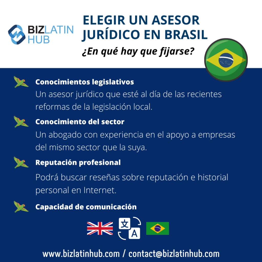 ELEGIR A UN ASESOR JURÍDICO EN BRASIL, UNA INFOGRAFÍA DE BIZ LATIN HUB.