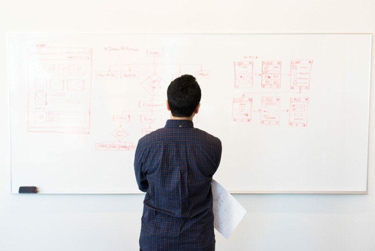 A person with short dark hair, wearing a dark long-sleeve shirt, stands facing a large whiteboard covered in red marker diagrams and sketches related to the formação da empresa. The person is holding papers in one hand and appears to be analyzing the content on the whiteboard.