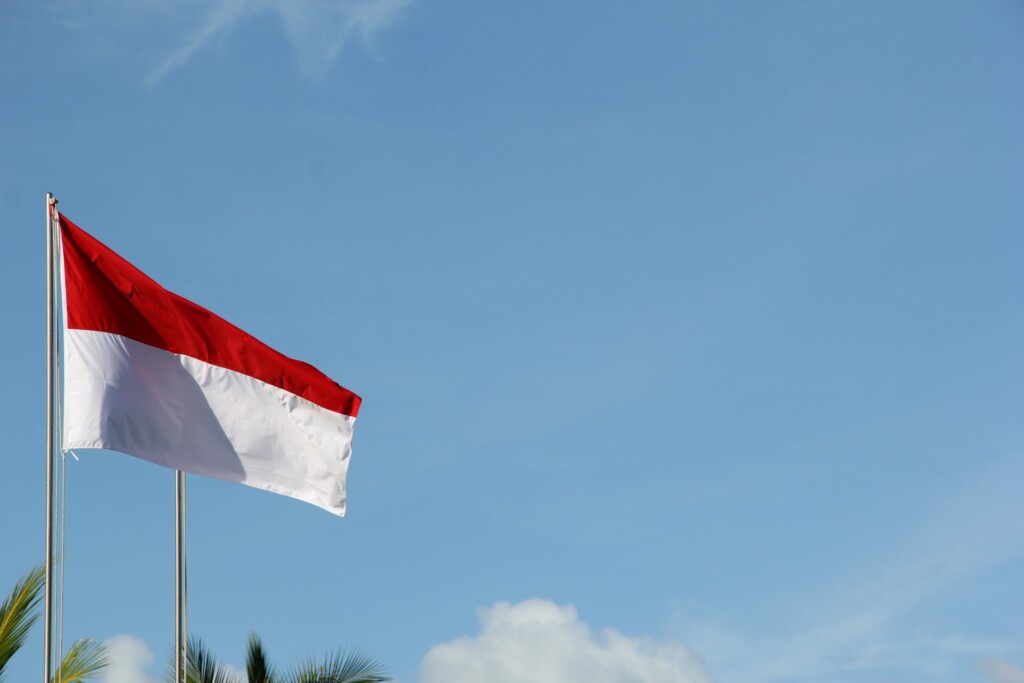 A red and white flag, reminiscent of Indonesia, flies on a flagpole against a clear blue sky. The flag is divided horizontally, with the top half red and the bottom half white. Some palm tree leaves are visible at the bottom of the image.