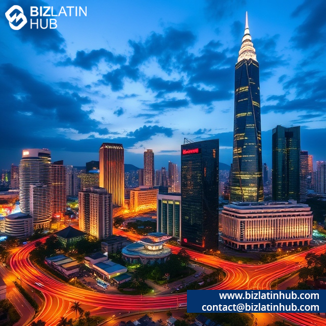 incorporate a company in Indonesia: A vibrant cityscape at dusk features a skyline of high-rise buildings and illuminated streets winding below, with the sky partly cloudy. BizLatin Hub branding, highlighting services to incorporate a company in Indonesia, appears at the corners alongside website and contact information.