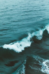 Image of a turbulent ocean with dark, teal-colored waves crashing and creating white foam, reminiscent of the dynamic nature of Foreign Direct Investment in New Zealand. The sky is not visible, and the focus is on the powerful movement of the waves.