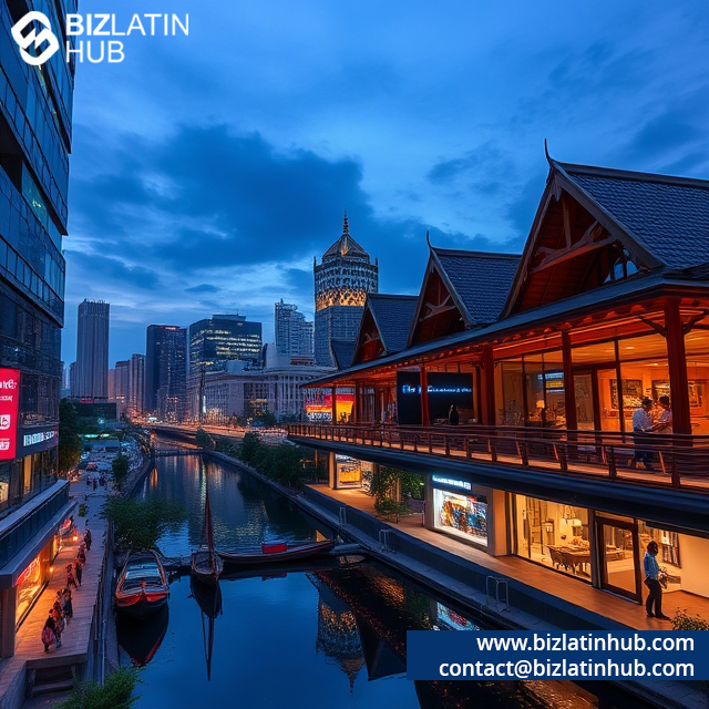 A waterfront view of a city at dusk showcases traditional buildings with wooden accents on the right and modern skyscrapers on the left. The skyline mirrors on the calm water, while Biz Latin Hub branding underscores opportunities to incorporate a company in Indonesia in both corners.