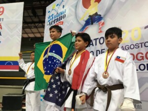 Four boys in martial arts uniforms stand on a podium at the Panamerican Championships, holding flags and wearing medals. The boy on the left holds a Venezuelan flag, the boy next to him holds a Brazilian flag, and another holds an American flag. The boy on the right sports a Chilean flag on his waist.