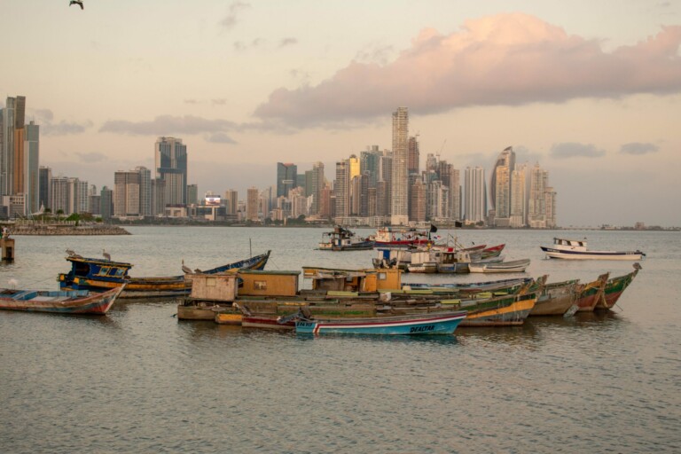 En primer plano, una colección de pequeños barcos pesqueros flotan en aguas tranquilas, con un horizonte urbano de modernos edificios de gran altura al fondo. El cielo está parcialmente nublado con una luz suave y se ve un pájaro volando sobre la ciudad.