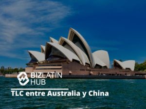 La imagen muestra la Ópera de Sydney a la luz del día con un cielo azul claro. El texto de la imagen dice "BIZLATIN HUB" y "TLC entre Australia y China". La Ópera está rodeada de agua y el paisaje urbano es visible al fondo, destacando Libre Comercio Australia.