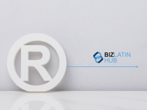 A white registered trademark symbol (®) is displayed on a plain, light-colored background. To the right, the text "Biz Latin Hub" in black and blue letters is accompanied by a blue geometric logo, highlighting services like registering a trademark in Bolivia and conducting a trademark search in Bolivia.