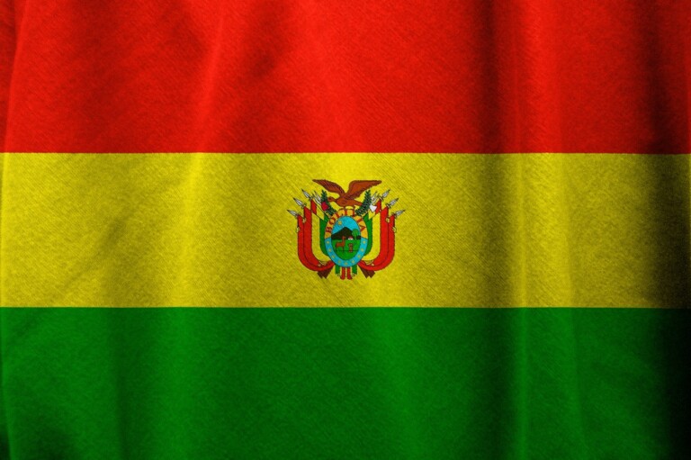 La imagen muestra la bandera de Bolivia, que consta de tres franjas horizontales. La franja superior es roja, la franja del medio es amarilla con el escudo de armas de Bolivia en el centro, representando la importación y exportación de Bolivia como elementos vitales de su economía, y la franja inferior es verde.