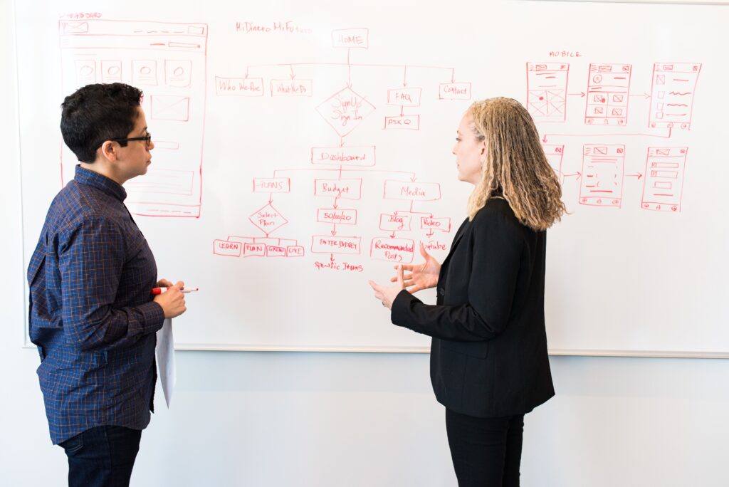 Two people writing in a board discussing about corporate restructuring in Peru