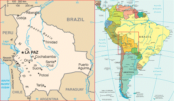 A map highlighting Bolivia in South America. On the left, Bolivia's geographic details are shown, including major cities like La Paz, Sucre, and Cochabamba, rivers, and bordering countries. Additionally, it marks the fiscal address in Bolivia. On the right, a broader map of South America shows Bolivia's location within the continent.