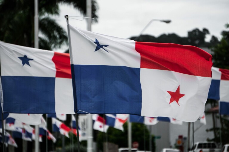 Several Panama flags flutter in the wind on a street lined with palm trees. A classic scene, it also reflects the vibrant business culture here, home to many companies including PEO payroll companies in Panama. The flags have blue and red stars on white backgrounds and colored rectangles filling the spaces.