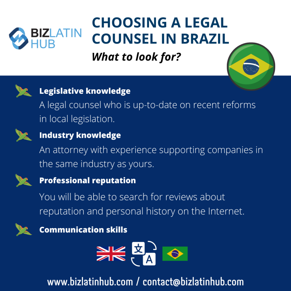 An infographic by BizLatin Hub titled "Choosing a Legal Counsel in Brazil: What to look for?" features tips: Legislative knowledge, Industry knowledge, Professional reputation, and Communication skills. Icons include a Brazilian flag and flags representing different languages.