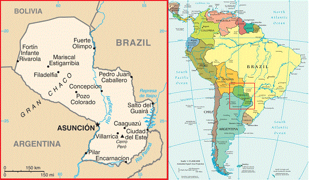 Two maps are shown. The left map highlights Paraguay and features cities like Asunción, Concepción, and Villarrica, important hubs for Paraguay's startups. The right map depicts South America with a red box indicating the focus area of the left map, which includes Paraguay and parts of its neighboring countries.