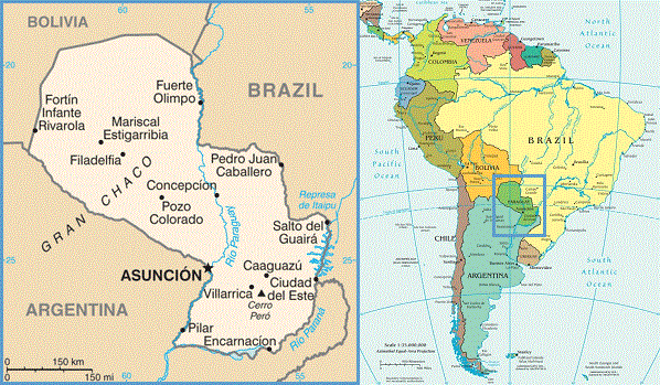 Two maps are shown. The map on the left focuses on Paraguay, displaying major cities and geographic features. The map on the right shows a broader view of South America with Paraguay highlighted, indicating its location relative to neighboring countries and showcasing transfer pricing regulations in Paraguay.