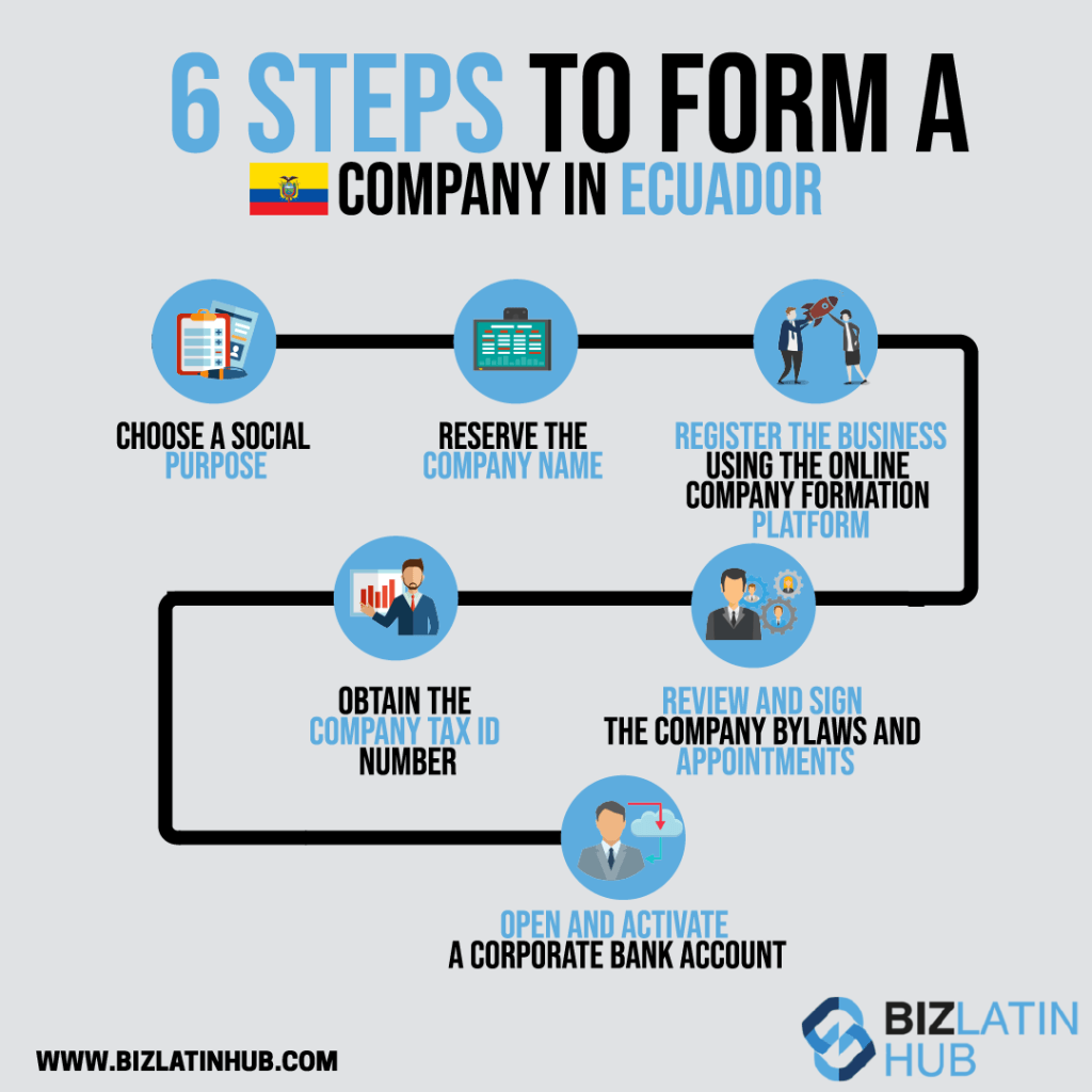 Infographic titled "6 Steps to Form a Company in Ecuador" by Biz Latin Hub. Steps: 1. Choose a social purpose, 2. Reserve the company name, 3. Register the business using the online platform, 4. Obtain the company tax ID number, 5. Review and sign bylaws and appointments, 6. Open and activate a corporate bank account—icons