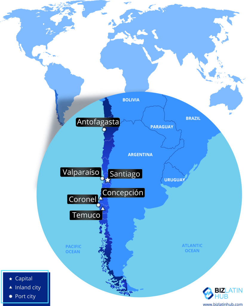 A map highlighting Chile and parts of neighboring countries in South America. The cities of Antofagasta, Valparaíso, Santiago, Concepción, Coronel, and Temuco are marked. If you’re looking to buy property in Santiago, this map is a perfect guide. A legend identifies capital, inland, and port cities. Logos of Biz Latin Hub are present.