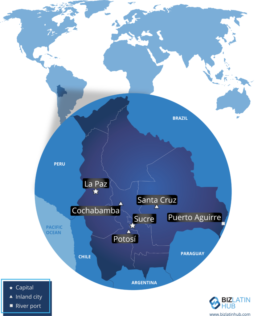 Map of Bolivia highlighting major cities and ports. La Paz is marked as the capital. Inland cities include Santa Cruz, Cochabamba, Potosí, and Sucre. Puerto Aguirre is identified as a river port. The map also shows surrounding countries: Peru, Brazil, Chile, Argentina, and Paraguay for product registration in Bolivia.