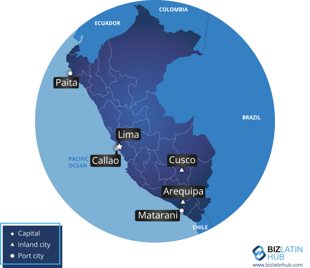 A map of Peru highlighting key cities relevant for product registration in Peru. The map marks the capital as Lima and identifies other cities: Paita, Callao, Cusco, Arequipa, and Matarani. The legend shows symbols for the capital, inland cities and port cities. BizLatin Hub logo is in the corner.