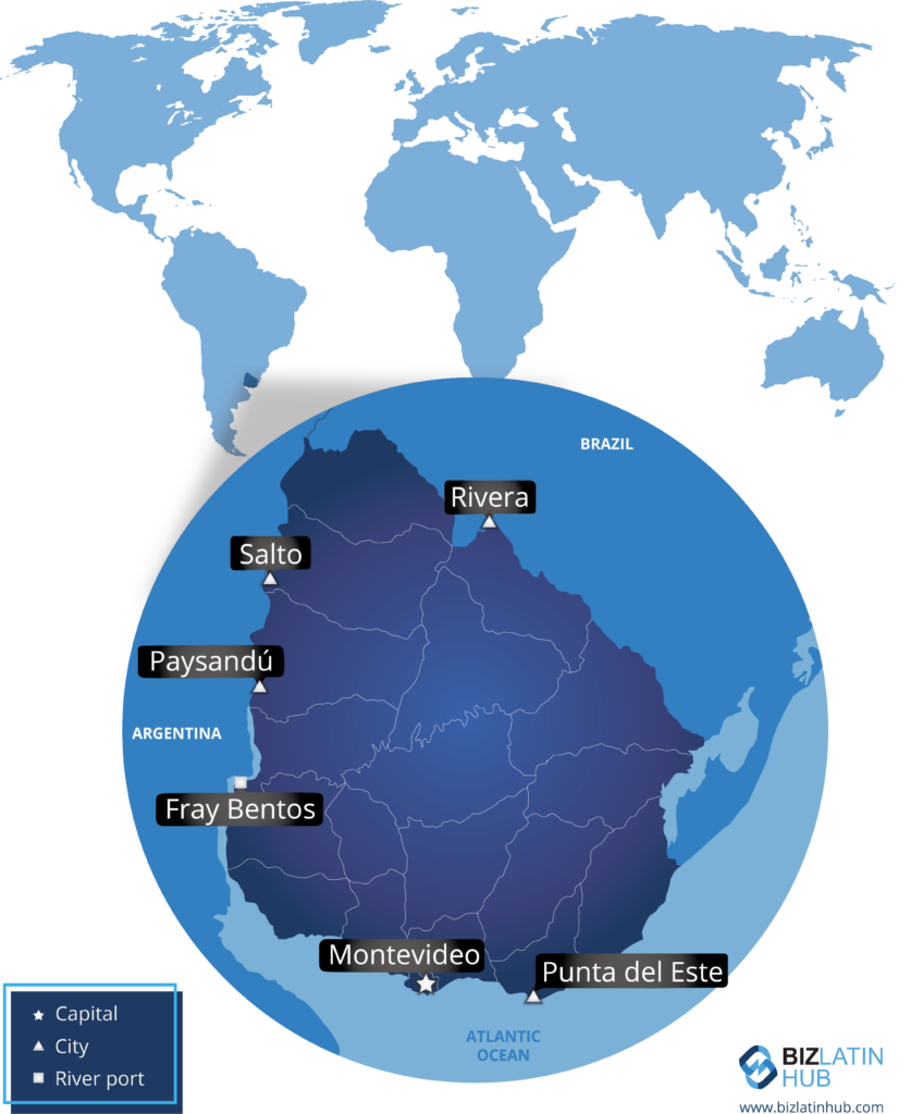 A map of Uruguay with major cities marked, including Montevideo (capital), Salto, Paysandú, Rivera, Fray Bentos, and Punta del Este. Additional context is provided with a world map highlighting Uruguay's location in South America. Perfect for anyone interested in exploring the region or finding an attorney in Uruguay.