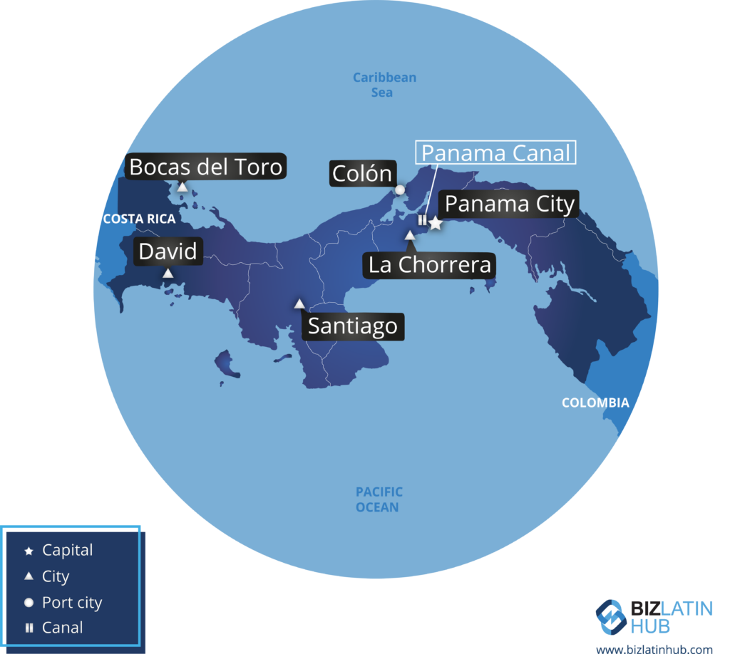 A map of Panama highlighting key locations: Bocas del Toro, Colón, David, La Chorrera, Panama City, and Santiago. The map also marks the Panama Canal. Symbols indicate capital, city, and port city. The Caribbean Sea and Pacific Ocean are labeled—ideal for Corporate Legal Counsel in Panama seeking geographical insights.