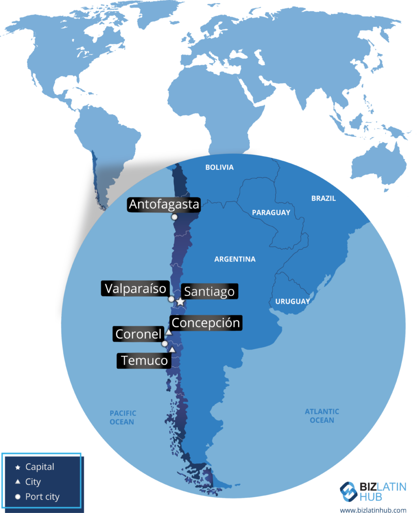 Map highlighting several cities in Chile: Antofagasta, Valparaíso, Santiago, Concepción, Coronel, and Temuco. Each city is marked with its respective label. The map also shows neighboring countries: Argentina, Bolivia, Brazil, Paraguay, Uruguay, and Peru—essential for background checks in Chile.