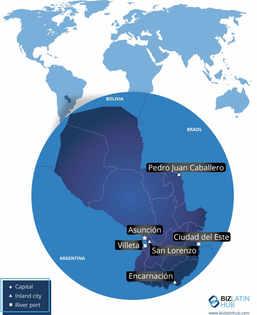 Ubicación geográfica de Paraguay y sus principales ciudades.