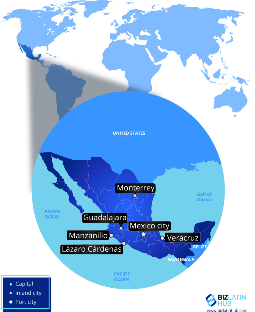 Map of Mexico's location within North America and its principal cities