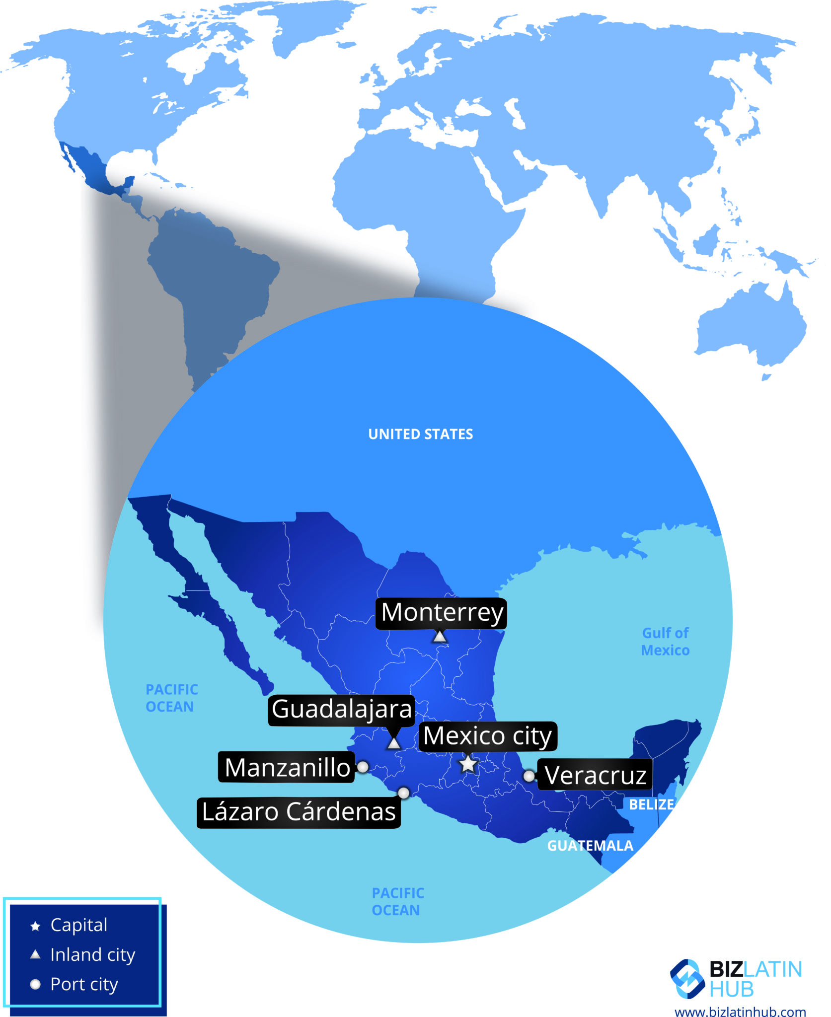 Map of Mexico's location within North America and its principal cities