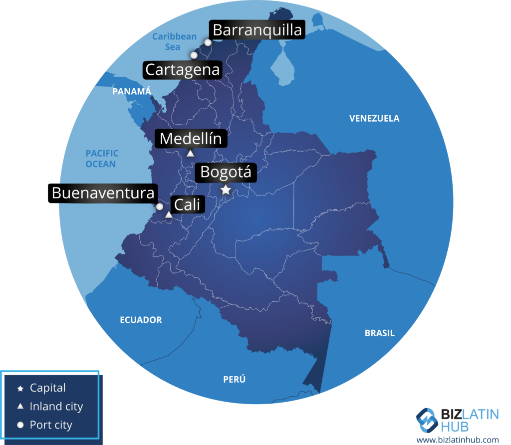 A map of Colombia highlighting six major cities: Bogotá (capital), Medellín, Cali, Barranquilla, Cartagena, and Buenaventura. The map is color-coded to differentiate the capital, inland cities, and port cities. Additionally, surrounding countries are labeled. Inset: key regions with Manufacturing Licenses for Cannabis.