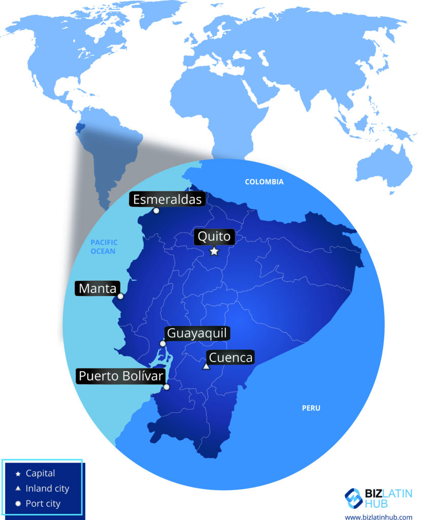 A map of Ecuador is shown with major cities marked. Quito, the capital, is centrally located. Port cities include Esmeraldas, Manta, and Puerto Bolívar. Guayaquil and Cuenca are also labeled. A small inset highlights Ecuador's location globally, useful for a lawyer in Ecuador needing geographic context.