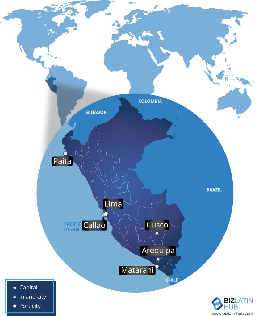 Business tourism in Peru: A world map highlights South America, focusing on Peru. Key cities marked include Lima, Callao, Cusco, Arequipa, Paita, and Matarani. The map distinguishes capitals, inland cities, and port cities. Ideal for those seeking product registration in Peru, the BizLatin Hub logo appears in the bottom right corner.