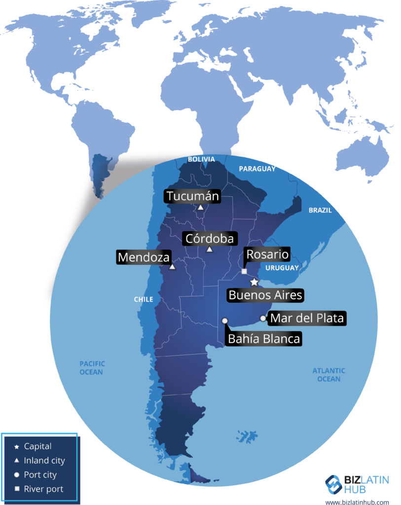 A map of Argentina highlights several key cities with labels. Cities include Buenos Aires, Córdoba, Rosario, Mendoza, Tucumán, Mar del Plata, and Bahía Blanca. Symbols indicate the nature of each city: capital, inland city, port city, or river port. The Biz Latin Hub logo in the lower right corner reflects their serviços de Back Office na Argentina.