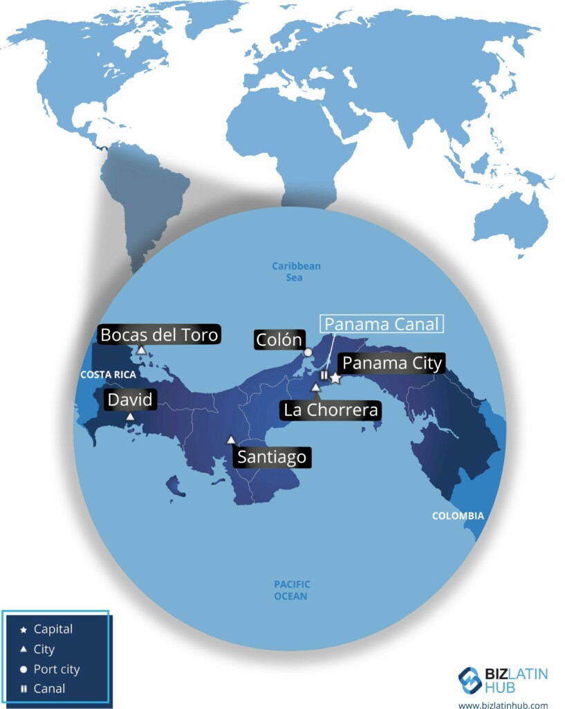Um mapa destacando os principais locais do Panamá com cidades rotuladas: Bocas del Toro, David, Santiago, Colón, La Chorrera e Cidade do Panamá.
O mapa também marca o Canal do Panamá e identifica os tipos de cidades: capital, cidade e cidade portuária.
O logotipo do Biz Latin Hub está no canto inferior direito, promovendo a oportunidade de formar uma filial no Panamá.