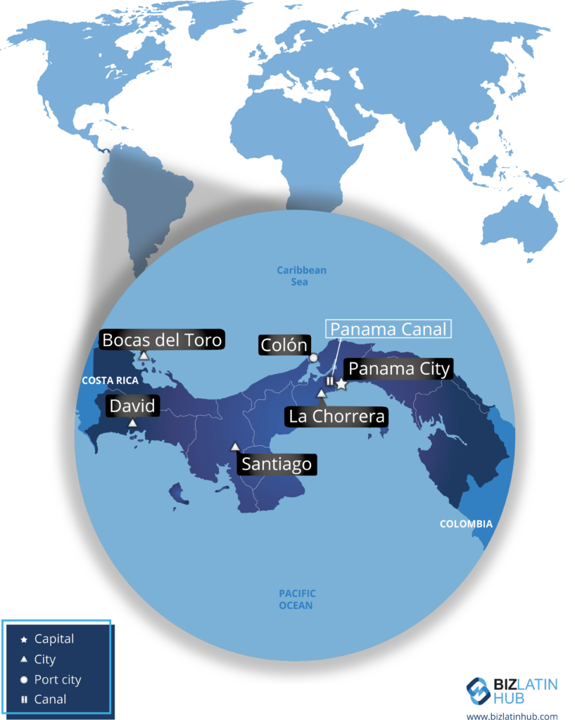 A map highlighting key locations in Panama with labeled cities: Bocas del Toro, David, Santiago, Colón, La Chorrera, and Panama City. The map also marks the Panama Canal and identifies types of cities: capital, city, and port city. The Biz Latin Hub logo is in the bottom right corner promoting the opportunity to form a branch in Panama.