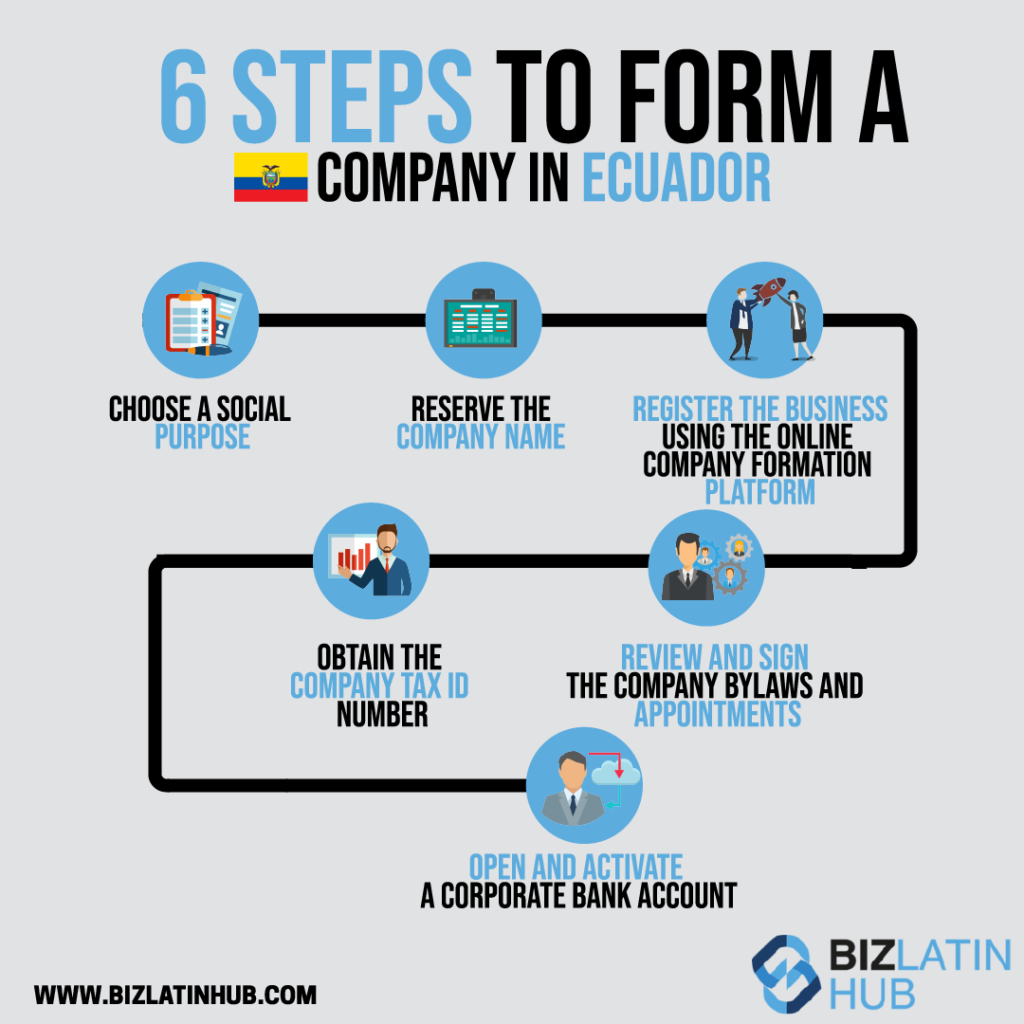         Infographic titled "6 Steps to Form a Company in Ecuador." Steps listed are: Choose a social purpose, Reserve the company name, Register the business using the online company formation platform, Obtain the company tax ID number, Review and sign the company bylaws and appointments, Open and activate a corporate bank account. Discover how to navigate the economía de Ecuador. The Biz Latin Hub logo is at the