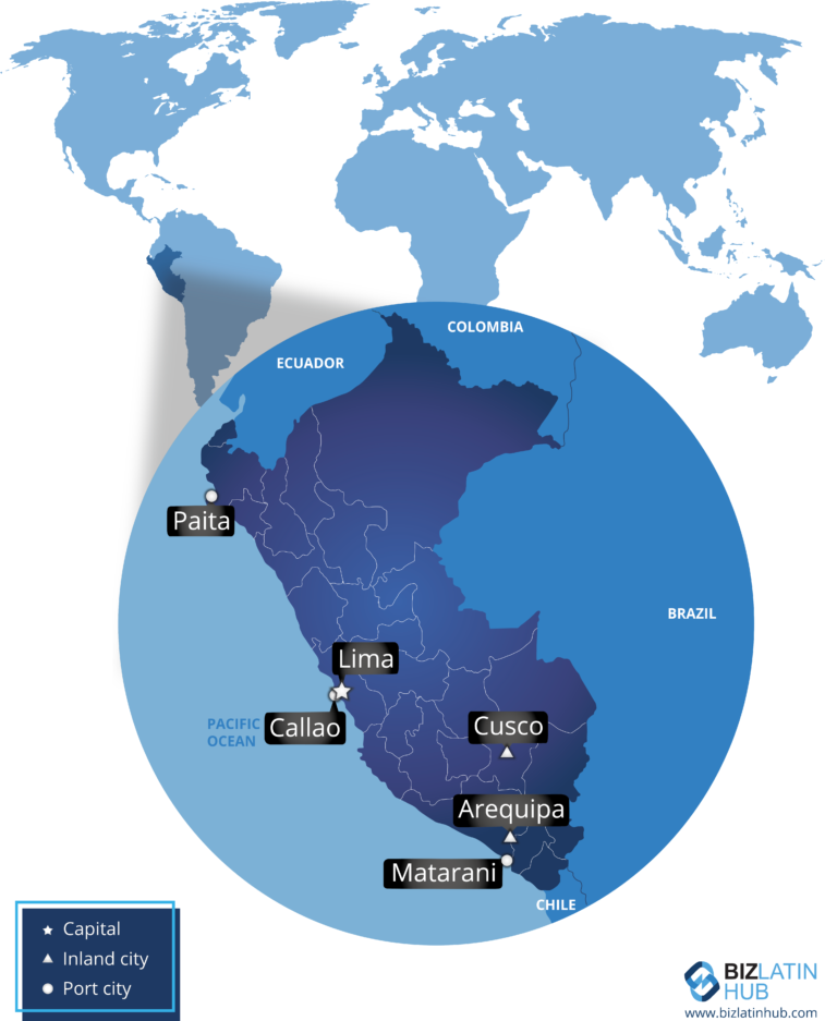 Un mapa de Perú con un globo terráqueo que muestra su ubicación en el mundo. Las ciudades clave están marcadas: Lima (capital), Paita y Matarani (ciudades portuarias), y Callao, Arequipa, Cusco (ciudades del interior). Países circundantes: Ecuador, Colombia, Brasil, Chile. Descubra Una PEO en Perú entre estos lugares y regiones notables.