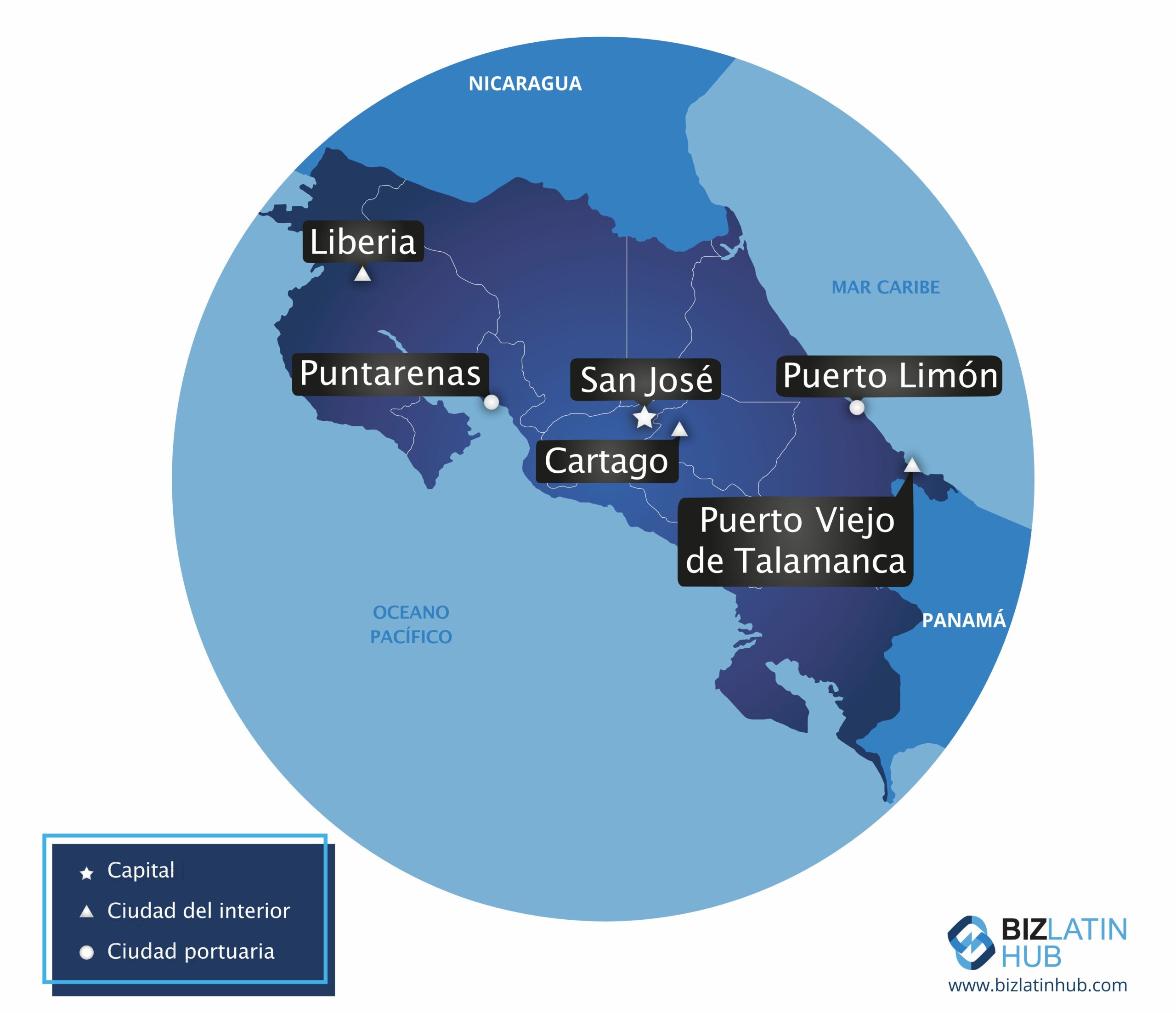 Como iniciar um negócio na Costa Rica. Um mapa de suas principais cidades. Requisitos legais para iniciar um negócio na Costa Rica