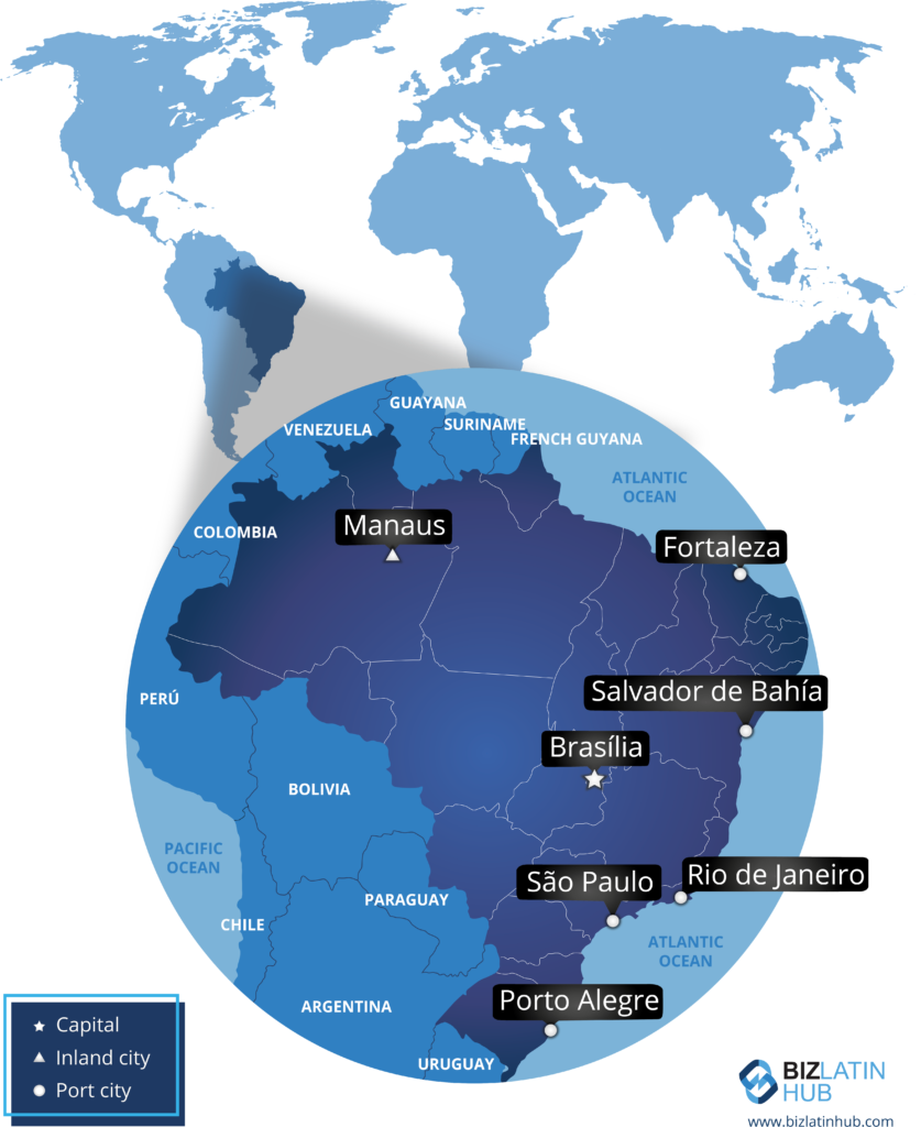 A map of Brazil highlighting key cities, useful for understanding tax filing in Brazil. Capitals are marked with a star icon, port cities with an anchor icon, and inland cities with a circle icon. Highlighted cities include Manaus, Fortaleza, Salvador de Bahía, Brasília, São Paulo, Rio de Janeiro, and Porto Alegre. The map includes a globe featuring parts of North and South America. The