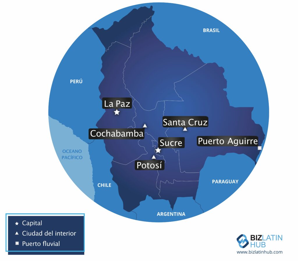 Un mapa de Bolivia y algunas de sus principales ciudades. Es posible que la externalización de nóminas en Bolivia se adapte a las necesidades de su empresa.